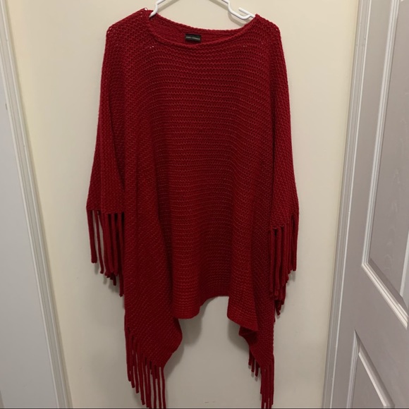 Coco & Carmen Fringe  Red Knit Warm Poncho Size OS - Picture 7 of 10